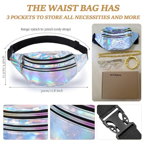 Epakh Hip Hop Woman Costume Kit Including Fanny Packs Transparent Sunglasses Faux Gold Rope Chain and Round Hoop Earrings3