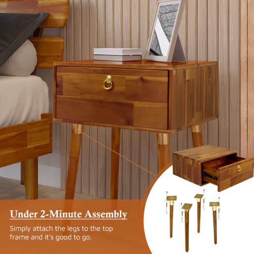 Bme Alden Solid Wood Nightstand/Side Table/End Table, Fully Assembled, With 1-Drawer For Mid Century Bedroom And Living Room, (12Mm), Caramel #TOP3