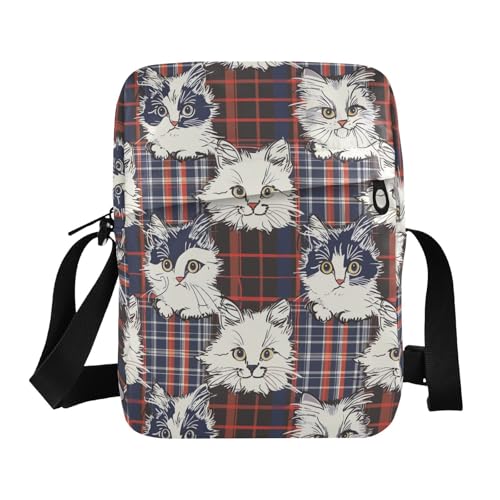 KLL White Cats Red Plaids messenger bag Vegan Leather shoulder bags Travel Woman Shoulder Handbags