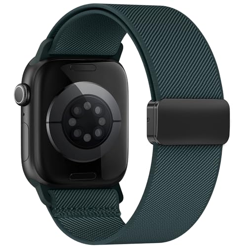 Image of Stretchy Band Compatible with Apple Watch Band 40mm 38mm 41mm 42mm 44mm 45mm 46mm 49mm Women Men,Strong Magnetic Clasp Elastic Sport Strap for iWatch Series 11 10 9 8 7 6 5 4 3 2 1 Ultra SE /Dark Green