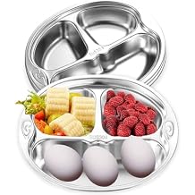 4 Pack 304 Stainless Steel Divided Plate, Compact Food Serving Tray Dinner Plate with 3 Sections Monkey Shape Portion Control Plates for Picky Eaters, Campers