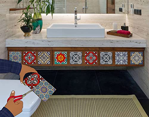 Image of WallDesign Mosaic Tile Sticker - 30 Self-Adhesive Tiles for Decoration of Kitchen, Bathroom, Furniture, Door, Floor - 4 in X 10 Ft Durable Vinyl Film