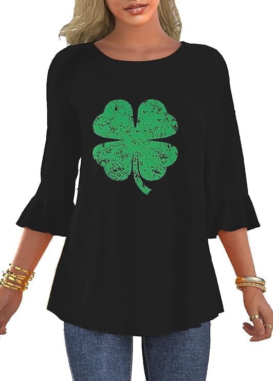 Thanksgiving Shirts Womens 3 4 Sleeve Ruffle Holiday Turkey Outfits Themed Costume Tops Medium Black Kelly Green Three