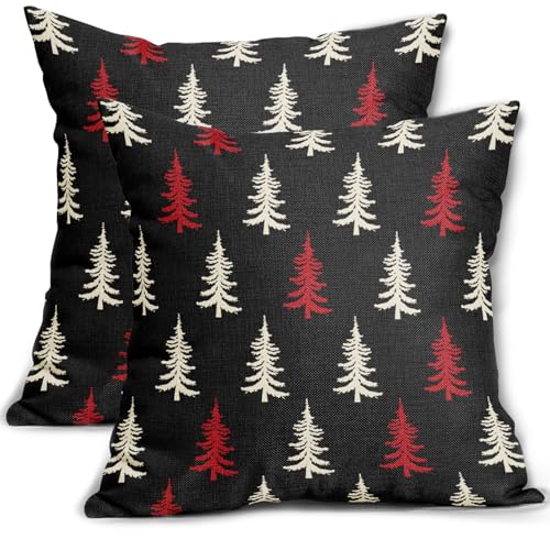 Christmas Pillow Covers 22x22 Set of 2 Black Red Cream Xmas Tree Rustic Style Winter Decorative Outdoor Pillowcases Farmhouse Vintage Holiday Decorations Throw Cushion Case Decor for Couch Sofa Bed