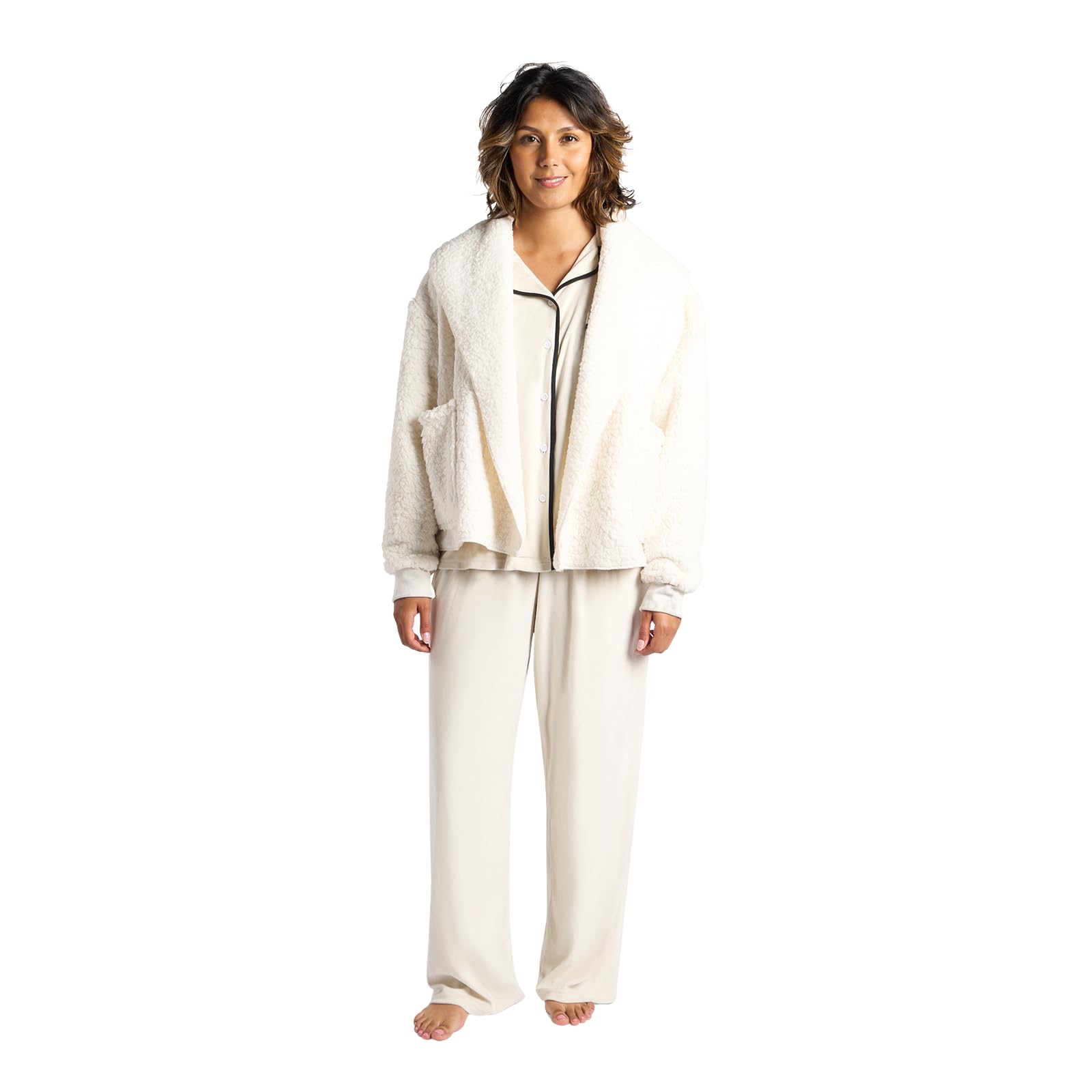 OHS Teddy Fleece Cardigan - Open Front Wrap - Cream - L/XL