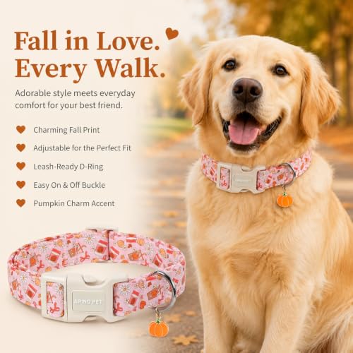 Image of ARING PET Fall Dog Collar for Puppy Small Medium Large Dog-Pink Pumpkin XL | Cute Autumn Basic Doggy Collars with Charm for XS S M L XL Boy Girl Dogs, Soft Comfy Sturdy, Harvest Pumpkin Patch Visits