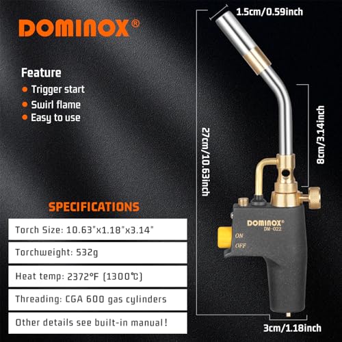 DOMINOX Propane Torch Head, High Intensity Torch Head Trigger Start Gas Torch, Map Gas Torch Kit for Propane, Map and Mapp Gas, Mapp Gas Torch for Soldering, Welding, Cooking (Not Included Gas Tank) by DOMINOX - Image 8