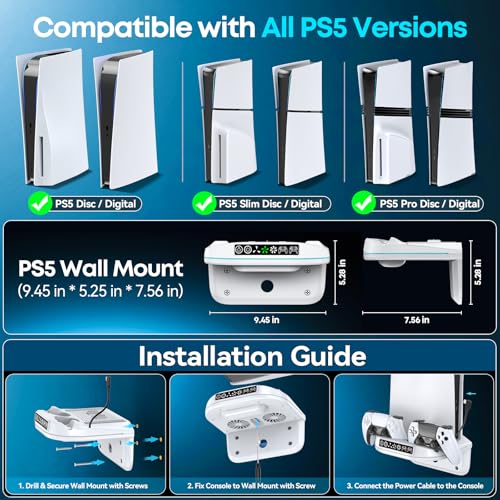 Image of P S5 Wall Mount Kit with Cooling Fan and Charging Station Compatible with PS5 / Slim / Pro Disc and Digital, PS Five Floating Shelf with 9 RGB Lights, PS 5 Mount Behind TV, P5 Accessories for Gaming, White