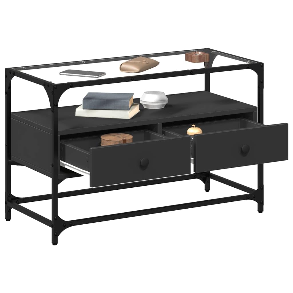 Meuble TV avec plateau en verre noir, 80 x 35 x 51 cm, meuble bas avec espace de rangement, tiroirs et cadre en métal, table TV pour salon, surface de rangement et passe-câbles