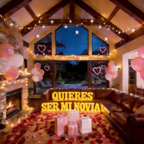 Image of Quieres Ser Mi Novia Light Up Letters Proposing Decorations Set Includes 14 LED Light Letters and 1000 Rose Petals Valentine's Day Ornaments