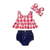 Baby Girls Plaid Ruffle Bowknot Tank Top+Denim Shorts Outfit with Headband