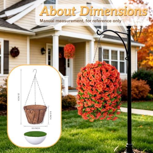 Image of Ammyoo Artificial Faux Hanging Flowers Basket for Fall Outdoor Porch Decor | Fake Silk Colorful Morning Glory Eucalyptus in Planter UV Resistant Look Real for Home Balcony Yard(Orange)