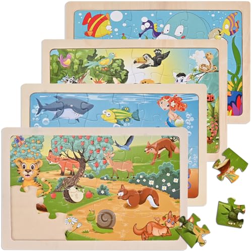 Wooderma Wooden Puzzles for Kids Ages 3 4 5, 4 Packs 24 PCs, Sea and Animal Puzzles for Toddlers, Toddlers Jigsaw Puzzles, Preschool Educational Learning Toys for Boys and Girls