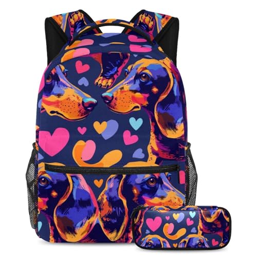 Cartables pour enfant sac à dos grand format et trousse scolaire chien saucisse et amour