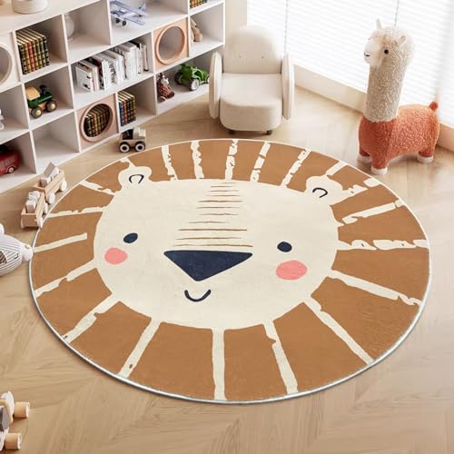 ABREEZE Large Round Kids Play Mat 5.3ft,Lion Nursery Rug Fluffy Faux Wool Kids Rug Soft Plush Non-Slip Childrens Carpet for Bedroom Living Room Playroom,Brown