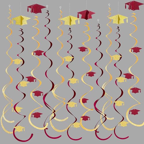 Image of 24Pcs Maroon Gold Graduation Grad Cap Hanging Felt Swirl Streamer Spiral Ceiling Garland for Congrats Grad Class of 2026 We are So Proud of You You Did It I'm Done Themed Party Decorations Supplies
