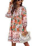 Bluetime Women Casual Summer Dress Boho V Neck 3/4 Sleeve Babydoll Floral Print Flowy Beach Dress (L, Green)