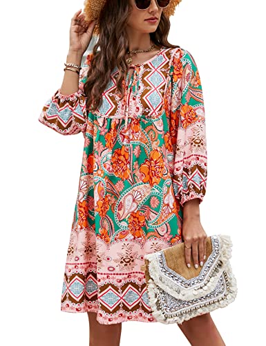 Bluetime Women Casual Summer Dress Boho V Neck 3/4 Sleeve Babydoll Floral Print Flowy Beach Dress