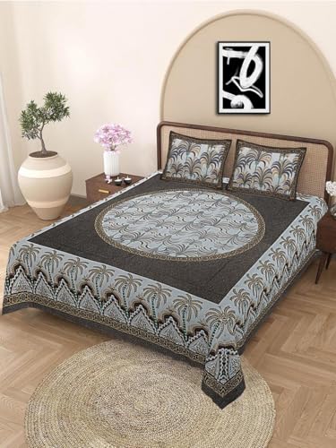 Image of Indian Hand Block Printed 200 TC Cotton Double Size Bedsheet with 2 Pillow Covers 90 By 100 Inches /Black