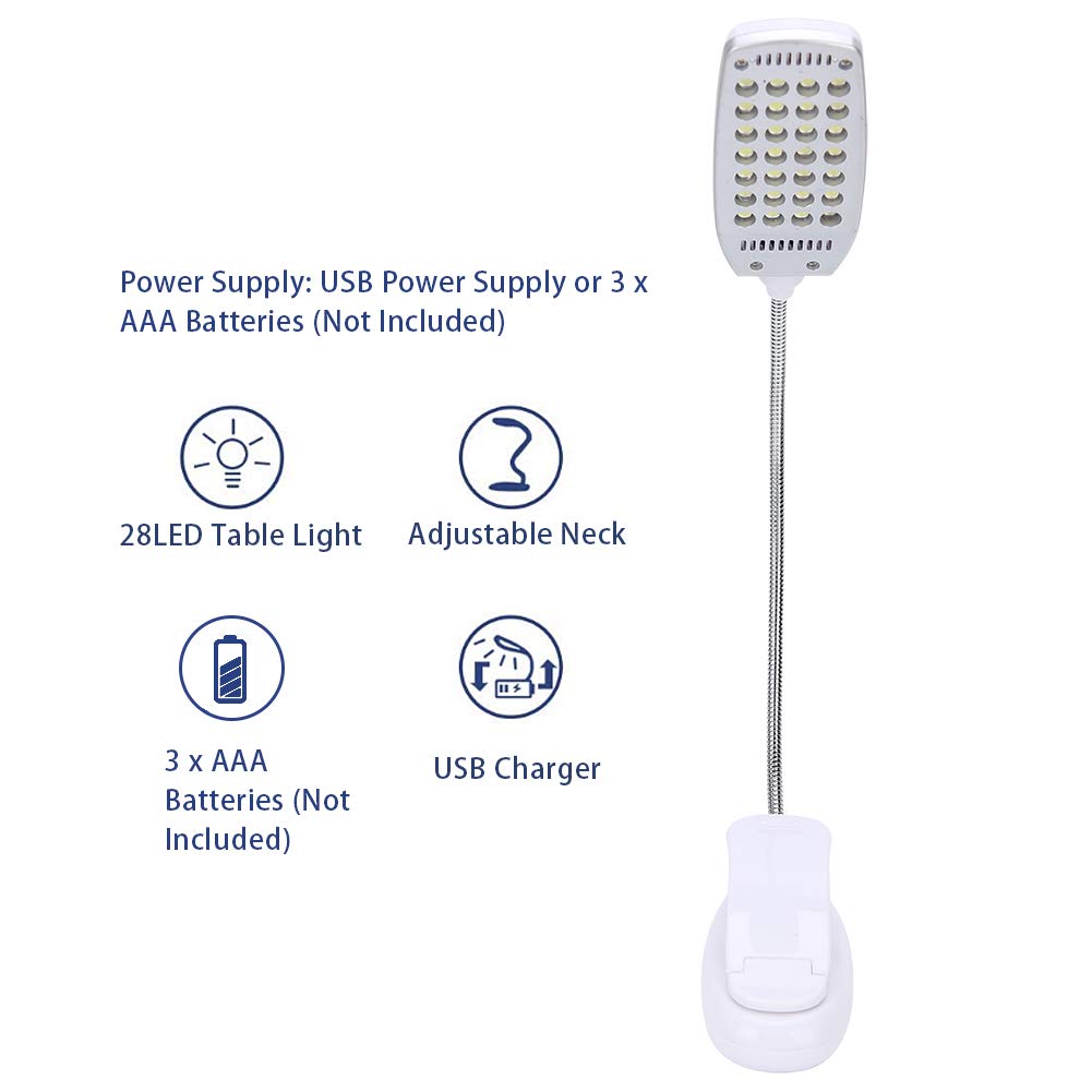 Lampe de bureau 6W 28 LED Clip sur la lampe de lecture Pince de lecture Lampe de table rotative à 360 degrés Lampe de bureau Lampe de soin des yeux Lampe de lecture de chevet USB rechargeable/batterie