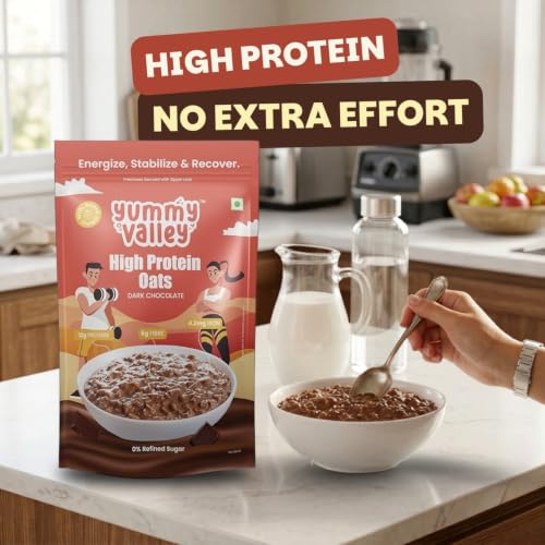 Image of Yummy Valley High Protein Oats for Adults, Dark Chocolate 230g | 12g Protein & 6g Fibre per Serve | Oats with Whey & Soy Protein | No Refined Sugar | High Protein Oats, Chocolate Breakfast Food