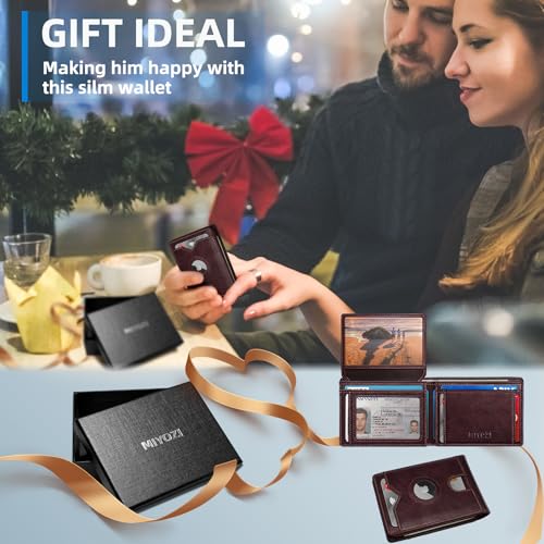 Image of miyozi AirTag Wallet for Men, Slim Leather Bifold with Holder Slot, 2 ID Windows & 13 Card Slots, RFID Blocking Front Pocket Wallet with Gift Box