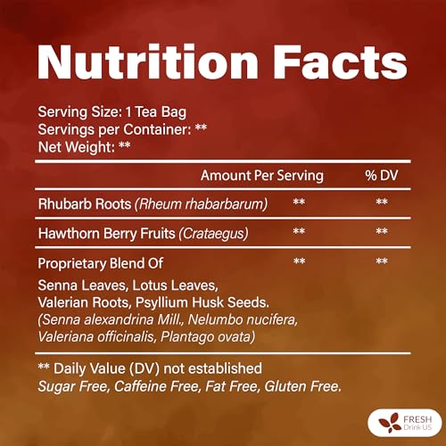 Image of FreshDrinkUS, Premium Colon Cleanse Tea - 60 Tea Bags - Rhubarb Root & Hawthorn Berry with Senna, Lotus Leaf, Valerian Root & Psyllium Husk - Herbal Blend, Caffeine-Free. Vegan