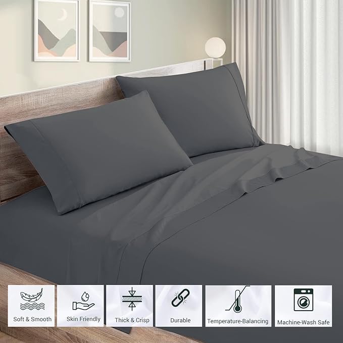 Image of Bedsheet Microfiber with 2 Pillow Cover chadar - Soft and Breathable - Wrinkle Free Flat Sheet with 2 Pillow Cases - Single Bed Sheet-Fade Resistance bedsheets for Single Bed - Dark Grey Single