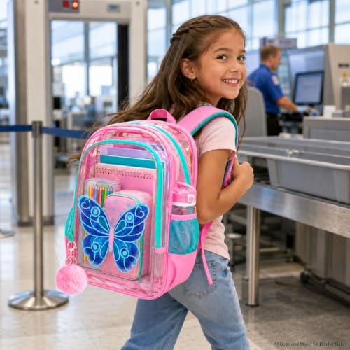 Image of WZLVO Kids Clear Backpack for Girls with Fluttering Wings, 16 inch Heavy Duty PVC Transparent Bookbag with Frame Reflective Strip, Cute See Through School Bags for Elementary Preschool - Butterfly Pink