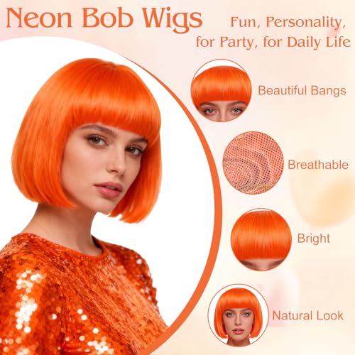 Image of MEEZY 2 Pcs Colorful Bob Wigs with Bangs Green Orange for Women, Neon Funny Wig Short Bob Hair with Heart Sunglasses Hair Cap for Halloween Costume Cosplay Birthday Bachelorette Party Carnival
