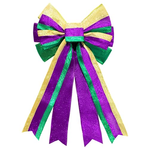 Mardi Gras Wreath Bows Mardi Gras Decor Bow Purple Green Glitter Srips Burlap Bows for Wreaths, Mardi Gras Ribbon Tree Topper Bows for Mardi Gras Home Indoor Outdoor Decoration Wreath Ornament Supply