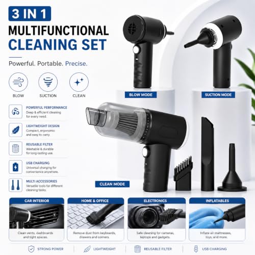Image of multifunctional Portable Car Vacuum Cleaner with Blower | USB Rechargeable Wireless Handheld Car Vacuum Cleaner Traveling, Camping Reusable,Portable,Rechargeablefor car clean usage (v4)