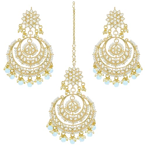 Image of Peora Traditional Jewellery Rhodium Kundan & Pearl Maang Tikka Earring Set for Women Girls