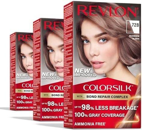 Revlon ColorSilk with Bond Repair Complex, Blonde Permanent Hair Color, 100% Gray Coverage, Ammonia Free Hair Dye, Vegan Keratin, 72B Mushroom Blonde (Pack of 3)