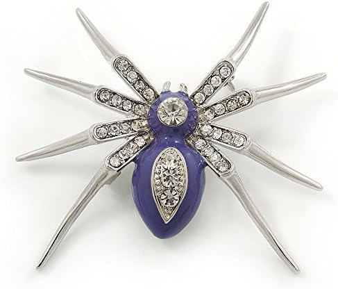 Stunning Crystal, Purple Enamel 'Spider' Brooch In Rhodium Plating - 55mm W, silver, purple