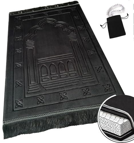 Islamika-Orthopedic-Prayer-Rug-Memory-Foam-Muslim-Prayer-mat-Padded-Very-Thick-Prayer-Rug-Sajadah-for-Men-Women-for-Eid-Travel-Ramadan-Soft-and-Luxury-Black-Black