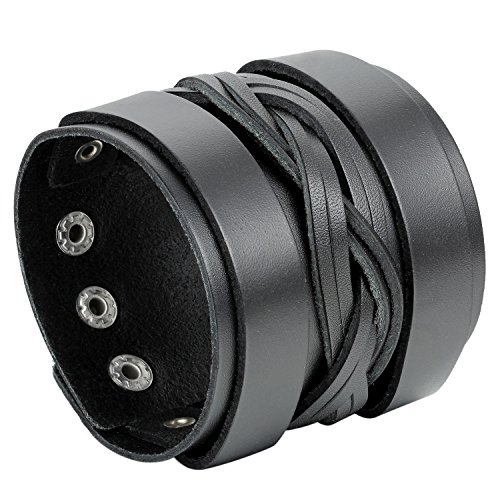 JewelryWe Bijoux Bracelet Homme Grand Large Manchette Punk Rock Réglable Cuir Alliage Fantaisie Couleur Noir avec Sac Cadeau