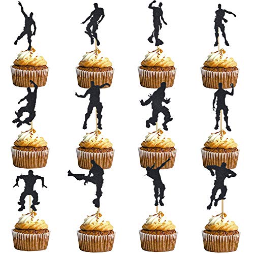 36 Pcs Glitter Black Video Game Cupcake Toppers Dance Cupcake toppers for Gaming Themed Birthday Cake Decoration Party Supplies