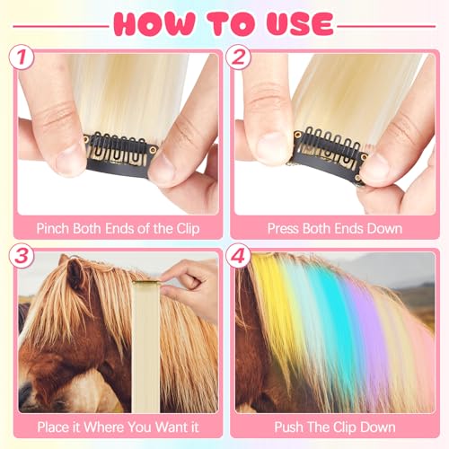 Image of Juexica 23 Pcs Unicorn Horse Costume Horn Hair Extensions Leg Wraps,Pink | Halloween Costume for Live Horses, 1 Unicorn Horn, 18 Clip-in Extensions, 4 Leg Wraps, Party Accessory for Equestrian Events
