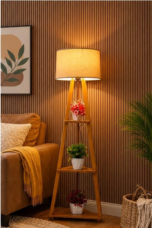 Premium Wooden Floor Lamp with 3-Tier Storage Shelves, Modern Tripod Standing Lamp with Linen Fabric Shade, LED Compatible Corner Shelf Lamp for Living Room, Bedroom, Office & Home Decor-image-44