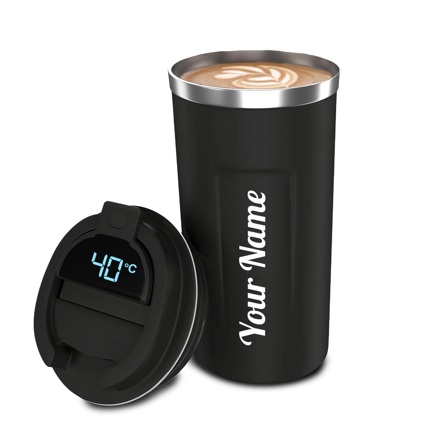 Power Plus Personalised Stainless Steel Coffee Mug With Temperature Display | 510 ML Office Travel Mug | Customised Leakproof (Black)