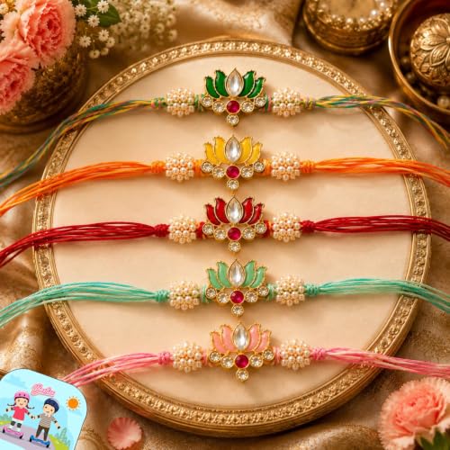 Image of CraftVatika Set of 5 Floral Designer Rakhi Set for Brother Boy Man Bhai, Lotus Rakhi Gift Combo Set for Bhaiya & Sister Bracelet with Tilak & Fridge Magnet Gift, Rakhis for Raksha Bandhan