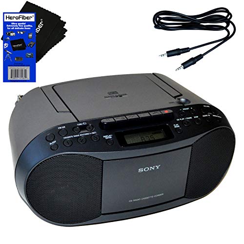 Sony CFDS70-BLK CD/MP3 Cassette Boombox Home Audio Radio, Black, with Auxiliary Cable for Smartphones, MP3 Players & HeroFiber Ultra Gentle Cleaning Cloth