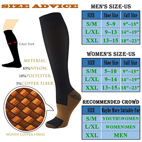 3/10 Pairs HiRui Copper Compression Socks for Men Women Kids, Graduated Compression 20-30mmHg, Best for Circulation Running Cycling Hiking Travel Nurse, Medical/Athletic Fit (3 Pairs(3 Colors), XXL)