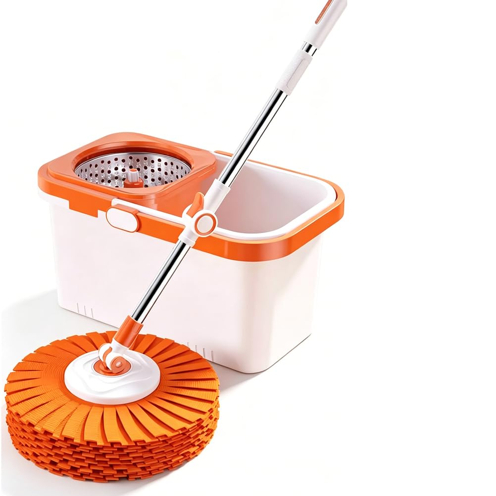 Sistema de fregona giratoria y Cubo con escurridor Manos Libres | Cabezal de trapeador de microfibra grande, súper absorbente, limpio con un solo toque, trapeador perezoso para