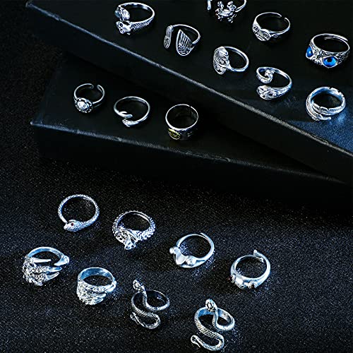 Hicarer 24 Pieces Gothic Rings Set Adjustable Open Rings Vintage Animal Frog Snake Open Rings Cool Punk Gothic Stackable Ring Jewelry for Couples Men Women(Classic Style)2