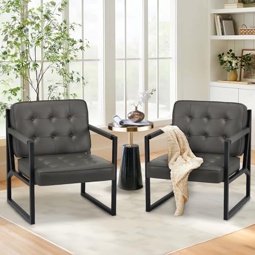 Image of COLAMY Accent Chairs Set of 2, Modern Accent Arm Chairs for Living Room, Comfy Leather Armchairs with Metal Legs for Bedroom Reception Room, Grey
