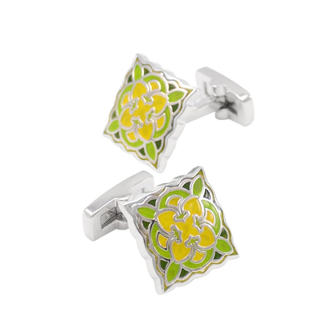 Gemelos de Camisa Francesa con diseño Cuadrado y diseño Retro con uñas para Hombre, Estilo Boutique, Negocios, Esmalte Verde y Amarillo