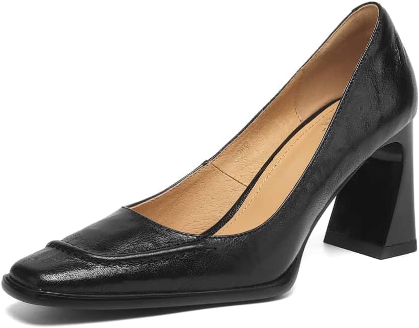 TinaCus Handmade Women's Genuine Leather Square Toe Chunky Mid Heel Office Dress Pump Shoes