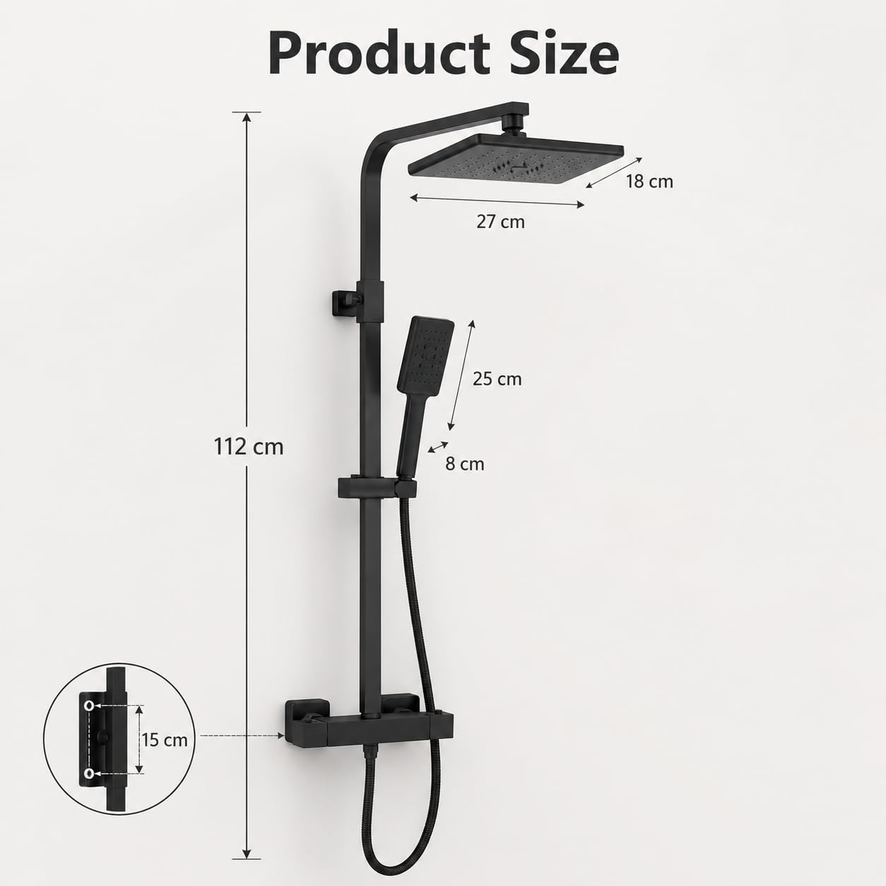 Columna de ducha termostática negra, conjunto de ducha de lluvia con mezclador termostático, ducha de mano y barra ajustable, sistema de ducha de pared para cuarto de baño hotel